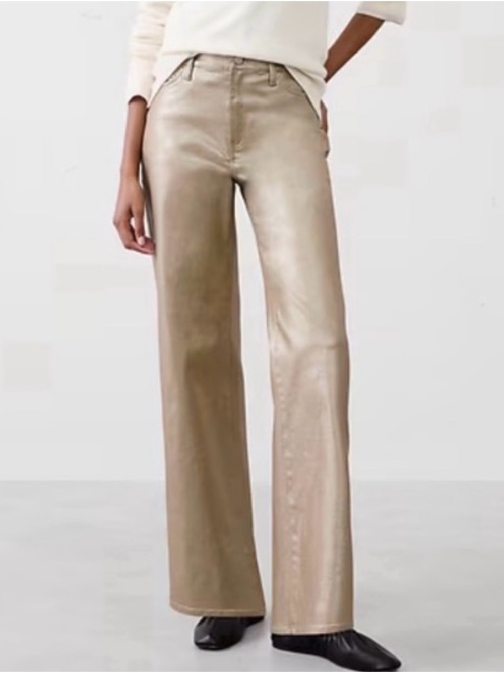 High-Rise Wide-Leg Leather Pants in Metallic Taupe